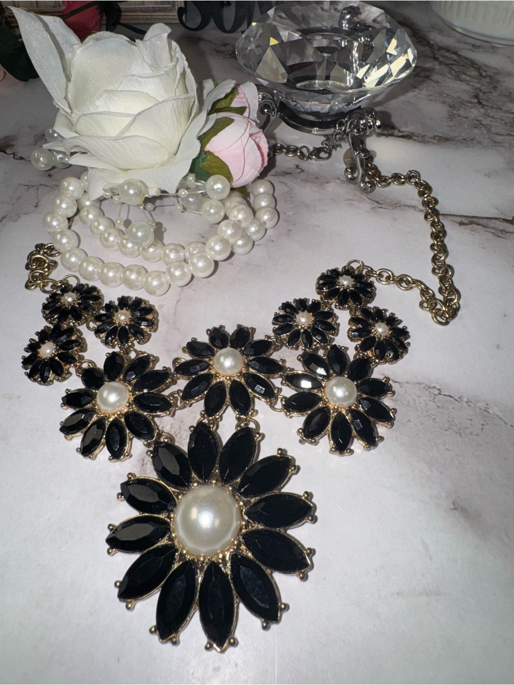 Gold-Tone Black Floral Statement Necklace with Pearl Accents